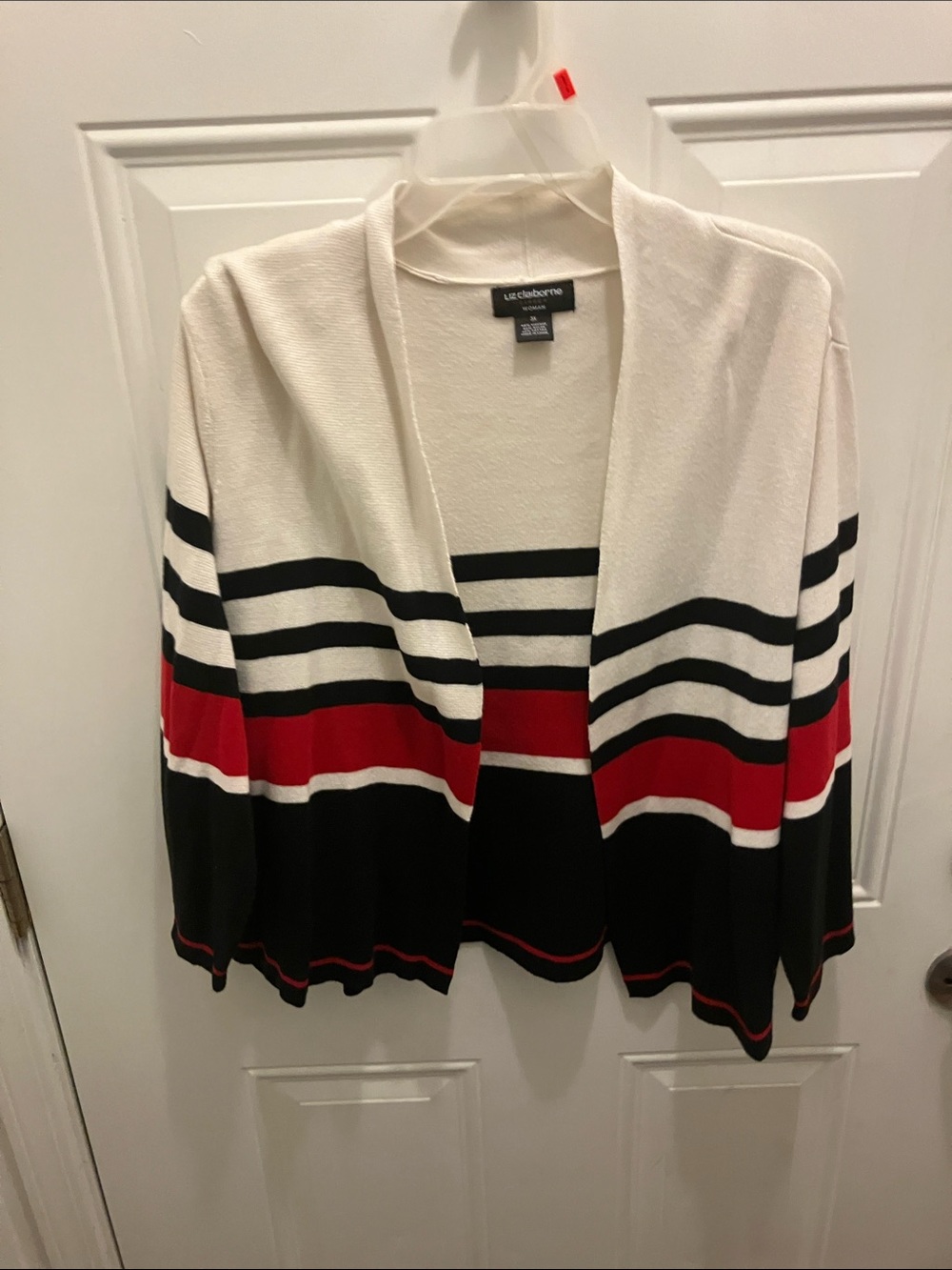 Liz Claiborne Striped Open-Front Cardigan in White, Black & Red